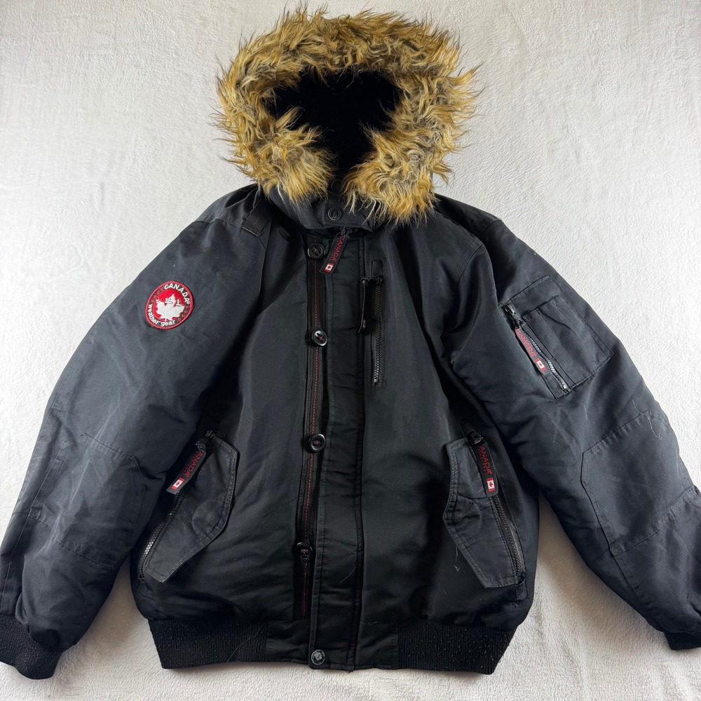 Canada Weathergear Bomber Jacket Faux Fur Hood Black Mens Large Winter Parka